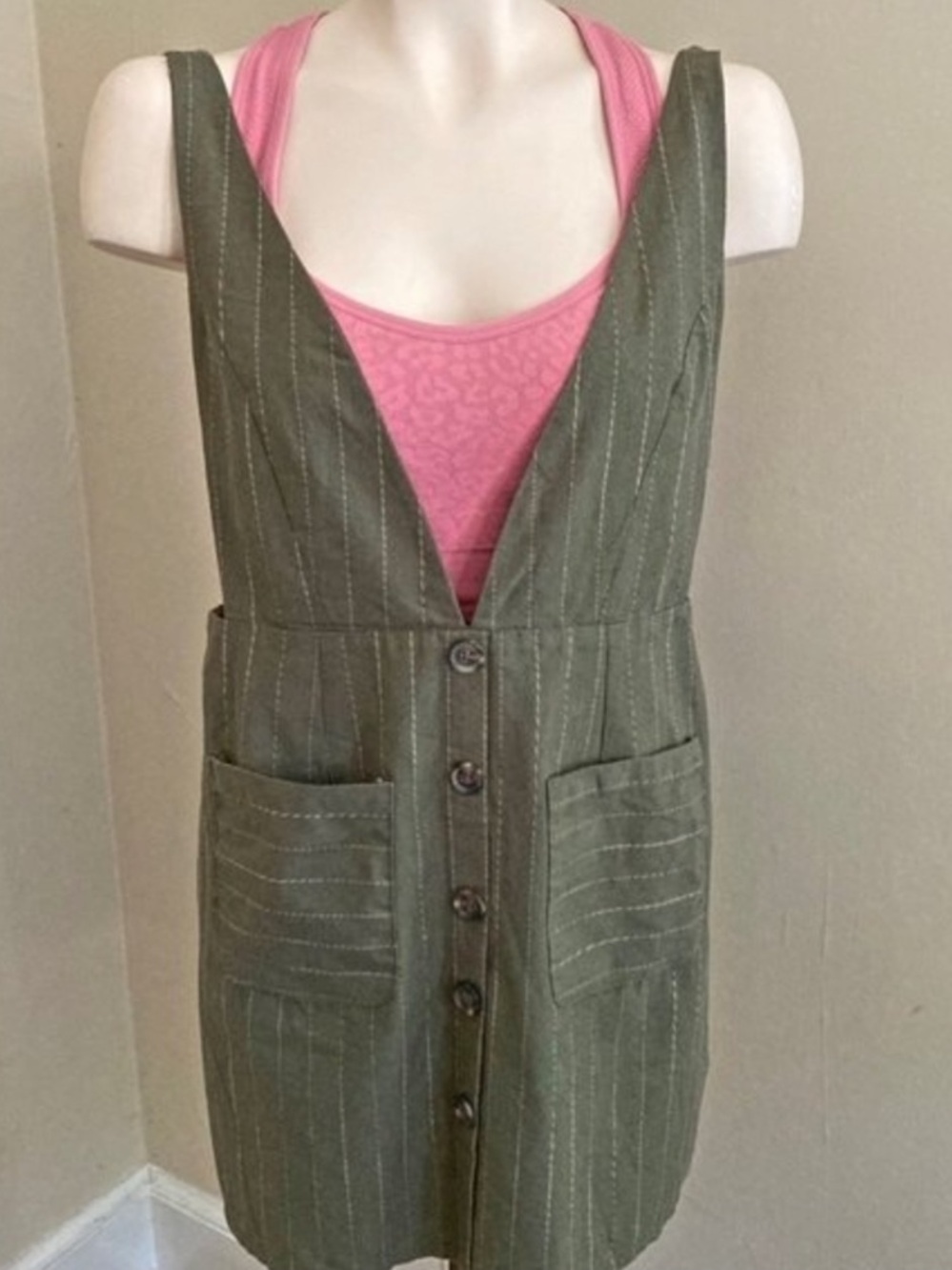 Hayden Jumper Pinafore Olive Green Pinstripe Overall Dress Buttons 100% Cotton - Picture 2 of 14